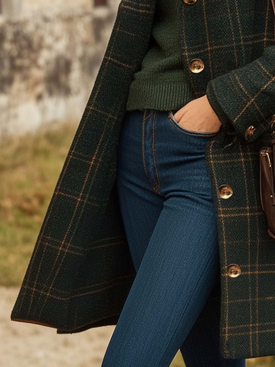 Lange Wollen Mantel Dames Geruit Slim Fit Winter