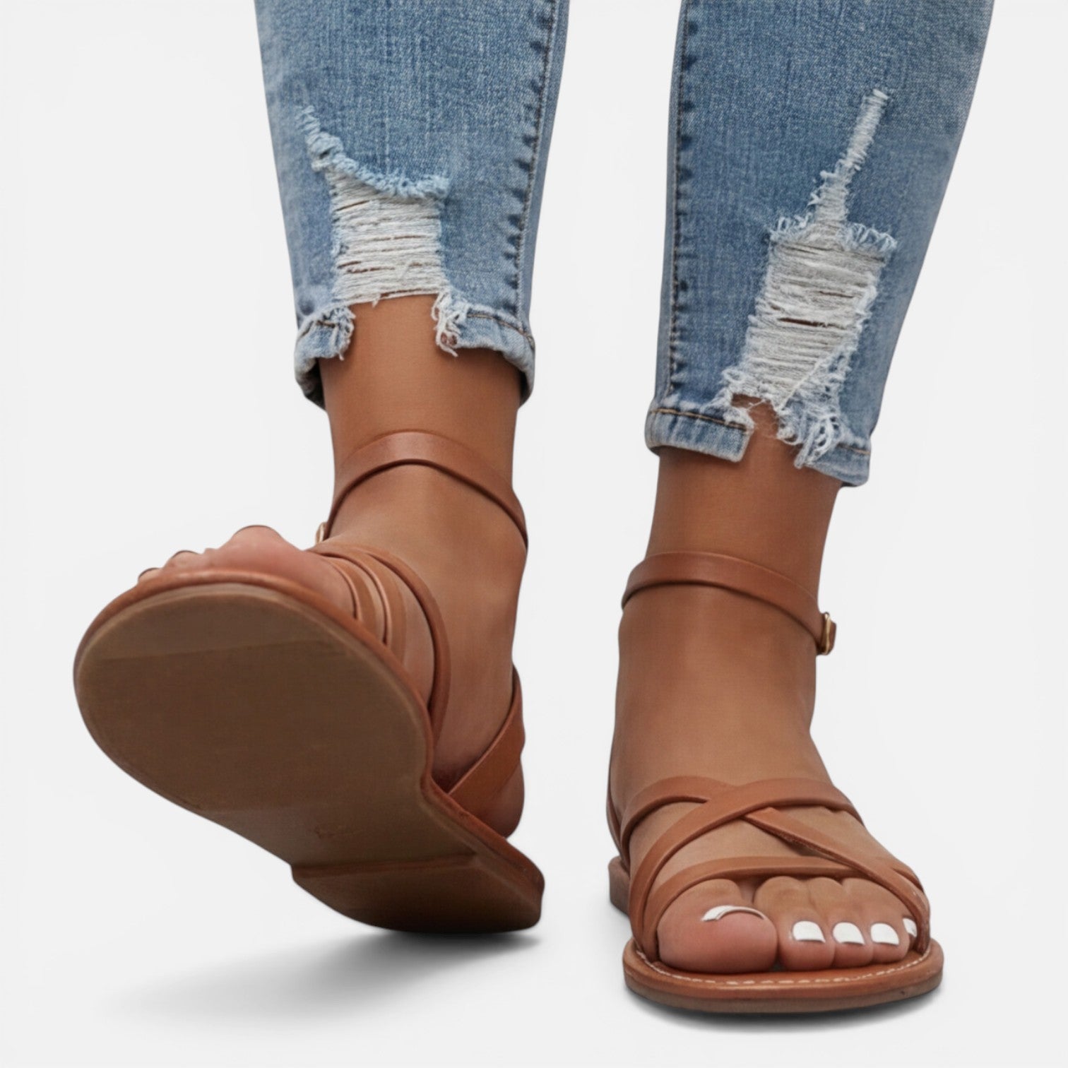 Lædersandaler til damer flad med ankelrem casual