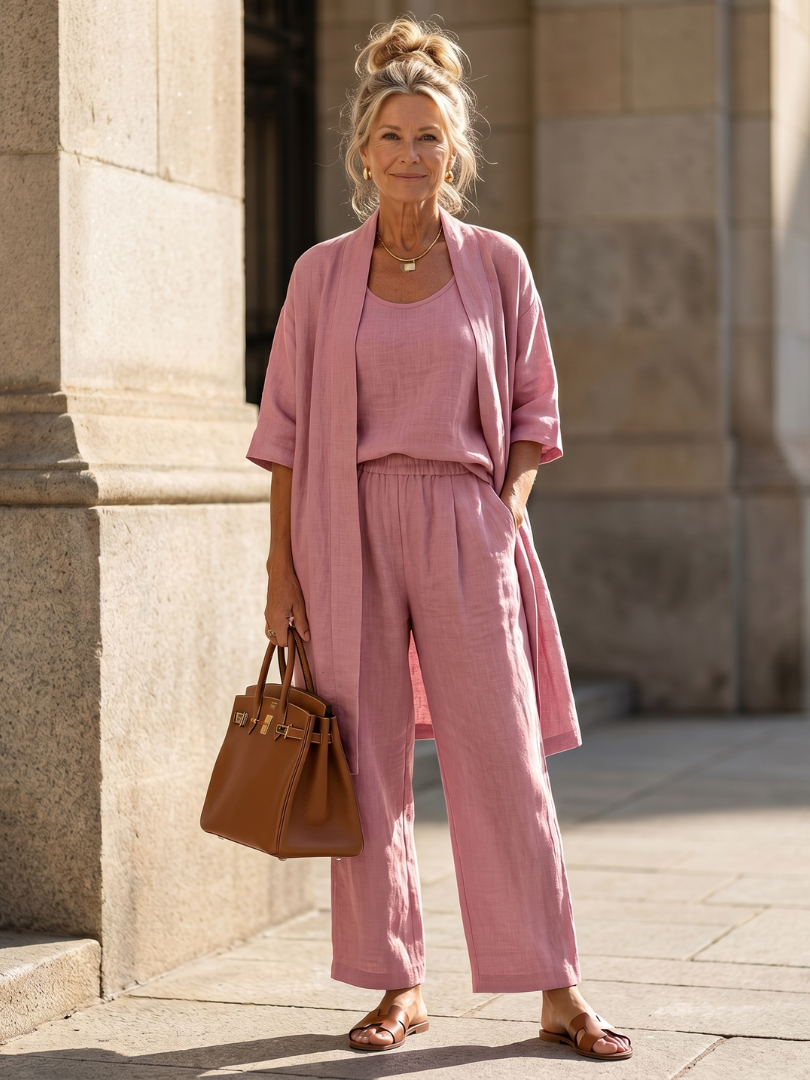 Ensemble 3 pièces en lin pour femmes : top sans manches, pantalon large, cardigan