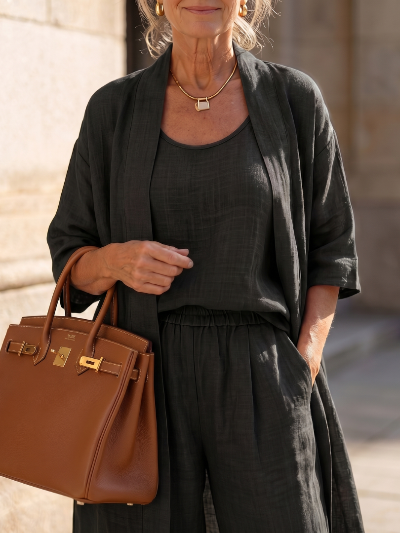 Ensemble 3 pièces en lin pour femmes : top sans manches, pantalon large, cardigan