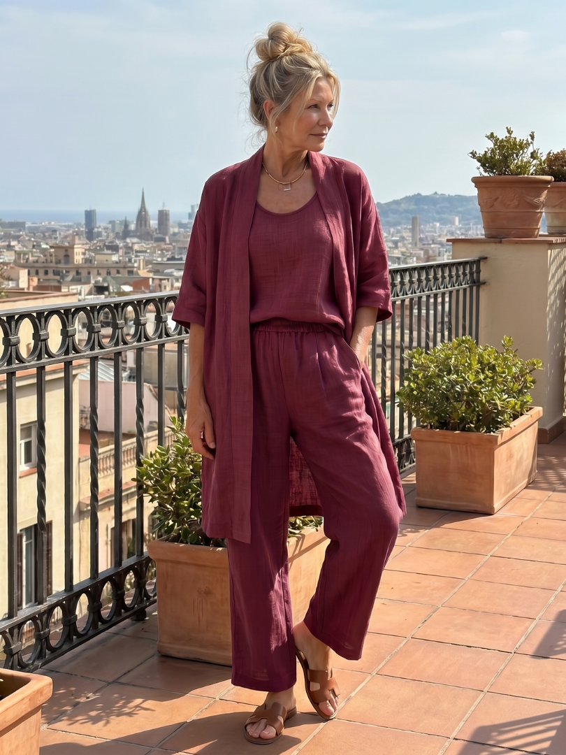 Ensemble 3 pièces en lin pour femmes : top sans manches, pantalon large, cardigan