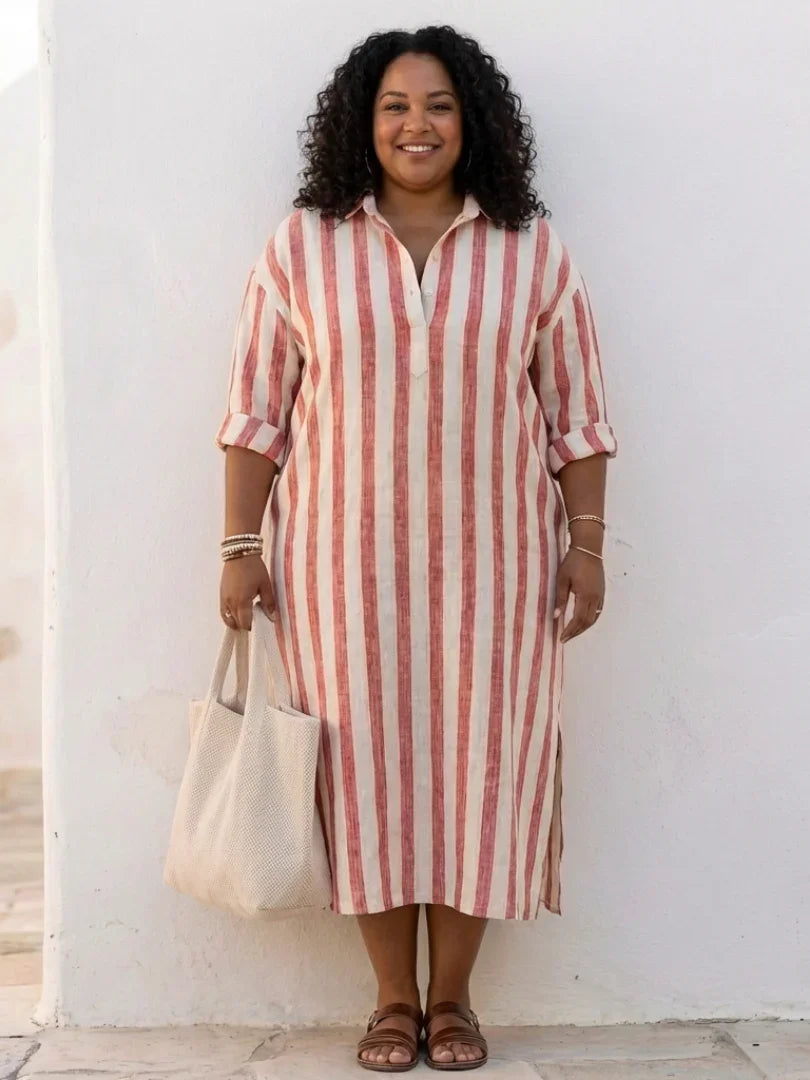 Robe maxi en lin pour femmes, coupe décontractée, col, fermeture à boutons
