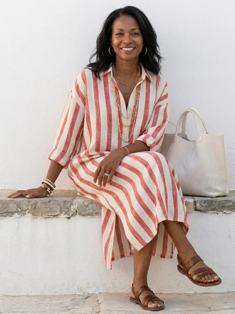 Robe maxi en lin pour femmes, coupe décontractée, col, fermeture à boutons