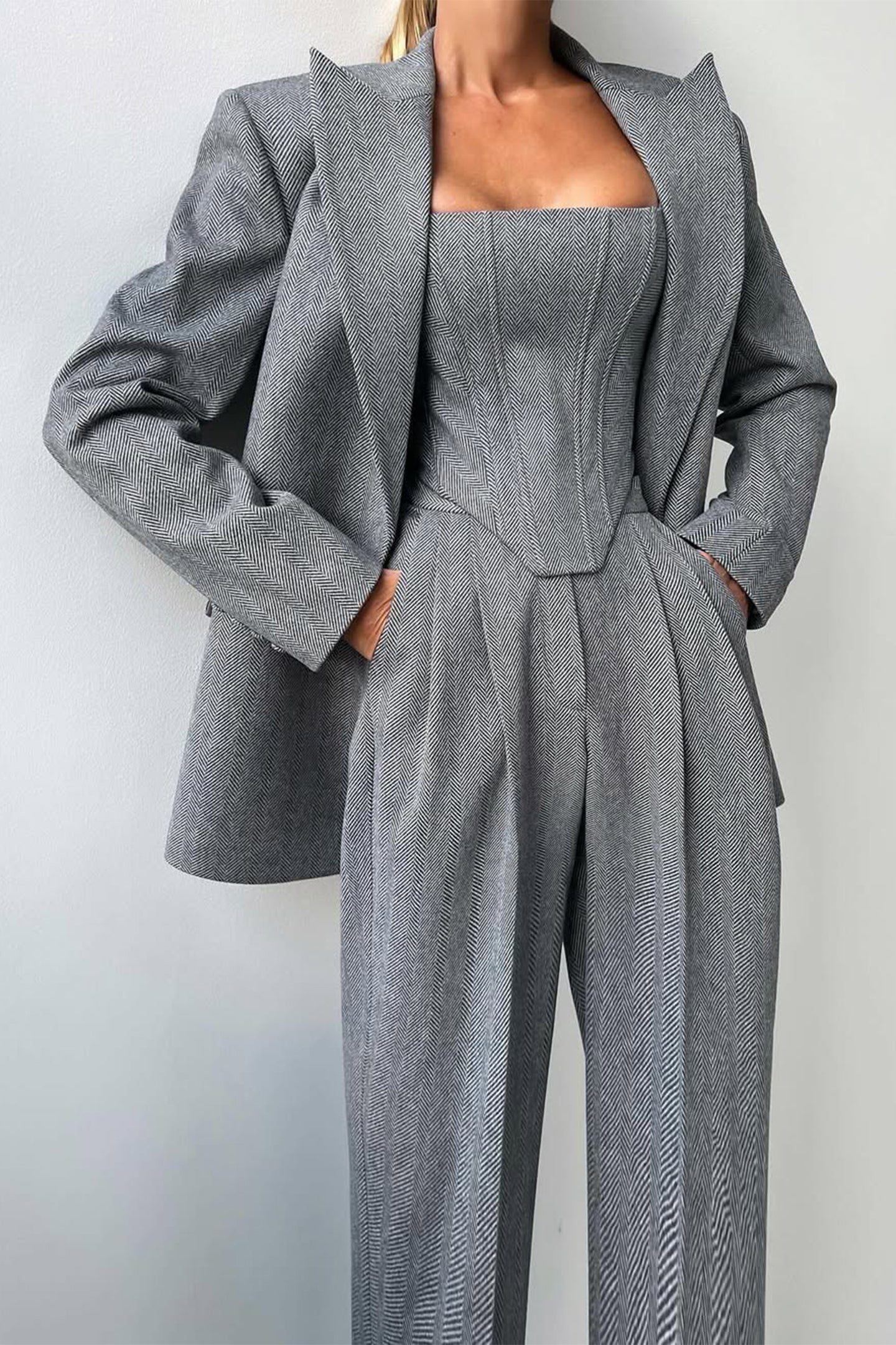 Traje Abrigo Mujer Blanco Forrado Traje de Pantalón Tres Piezas