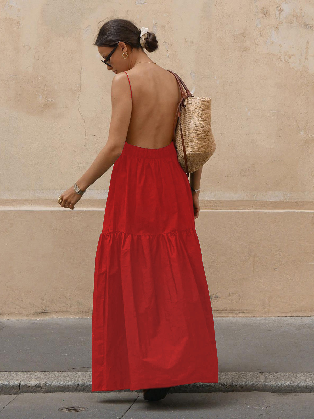 Vestido Maxi Mujer Espalda Descubierta Tirantes Espagueti Mangas Largas Verano