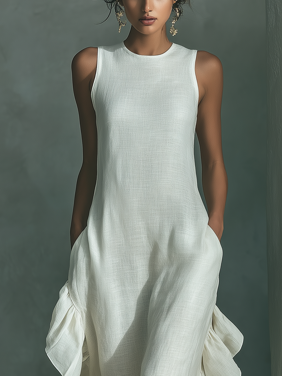 Robe maxi femme en lin, col rond, volants, asymétrique