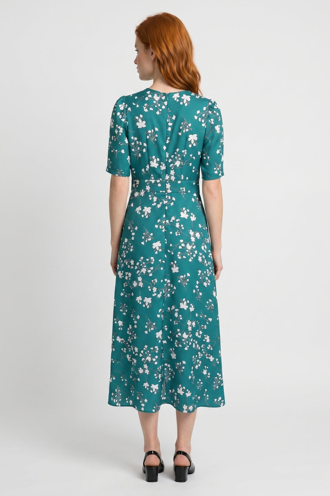 Midi Dress Women Floral Print V-neck Short Sleeves Fitted