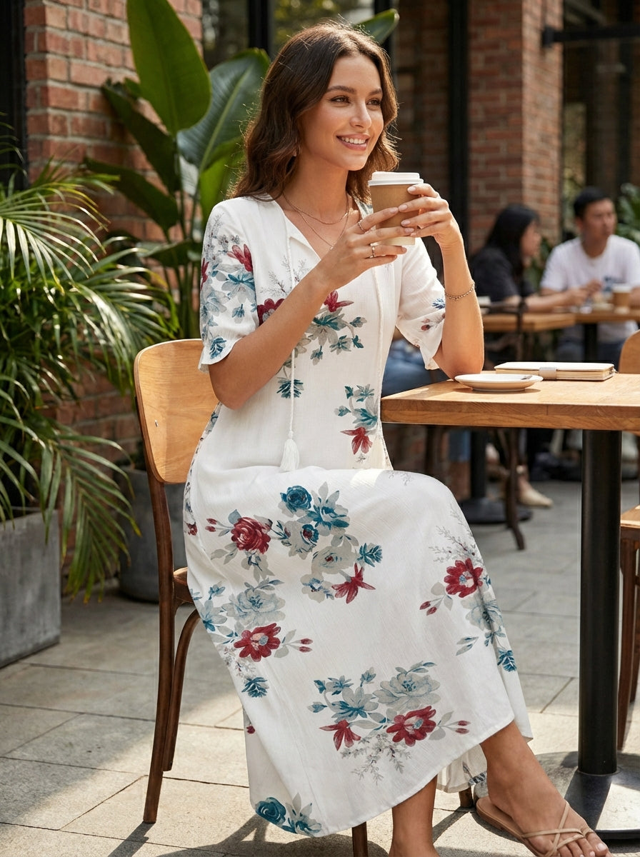Midi Jurk Dames Korte Mouwen Bloemmotief Casual