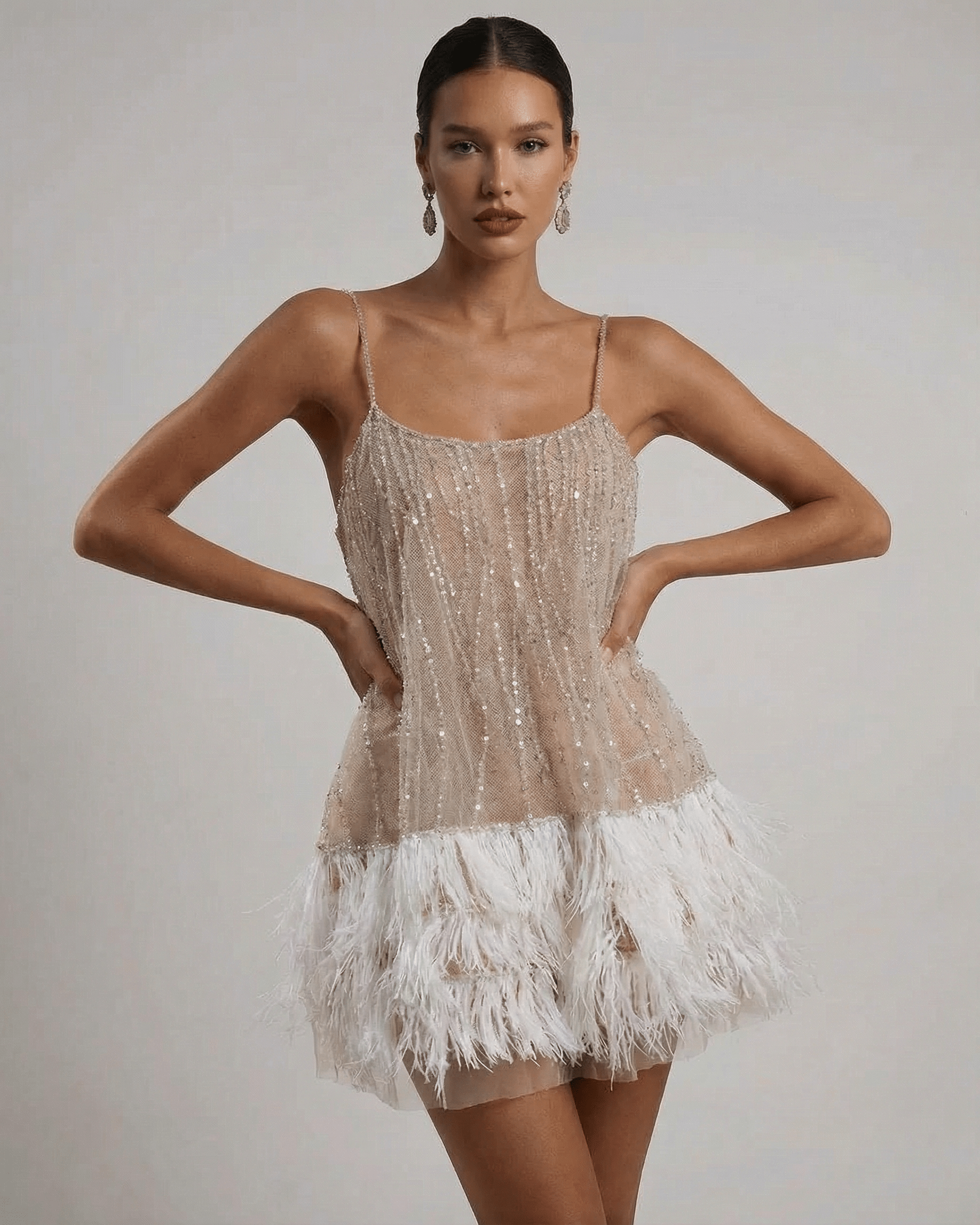 Mini Jurk Dames Sequin Tulle Elegante Feather Detail Feestelijk