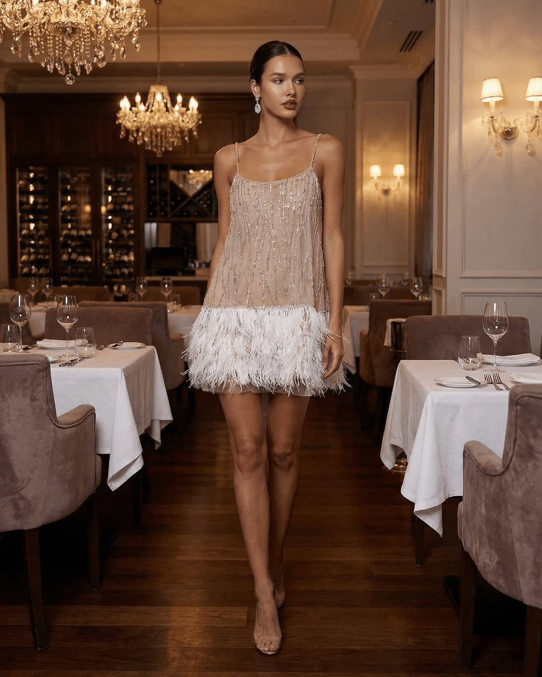 Vestido Mini Mulher Lantejoulas Tule Detalhe de Penas Elegante Festivo