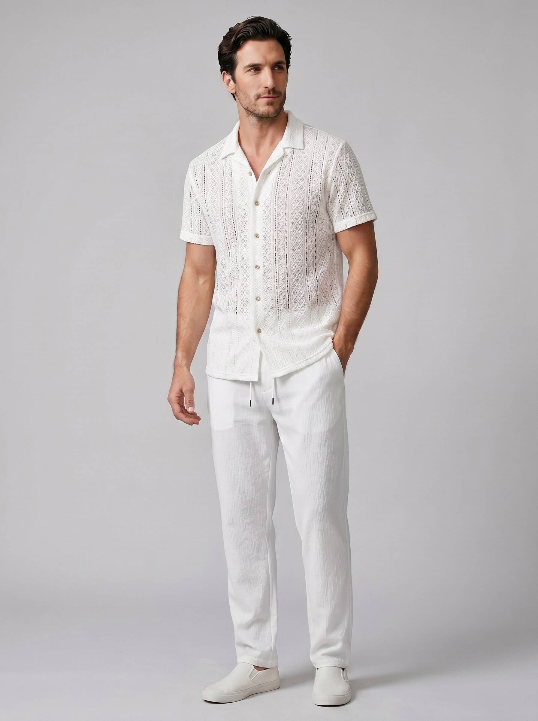 Open-Knit Shirt Trousers Set Heren Zomer Casual