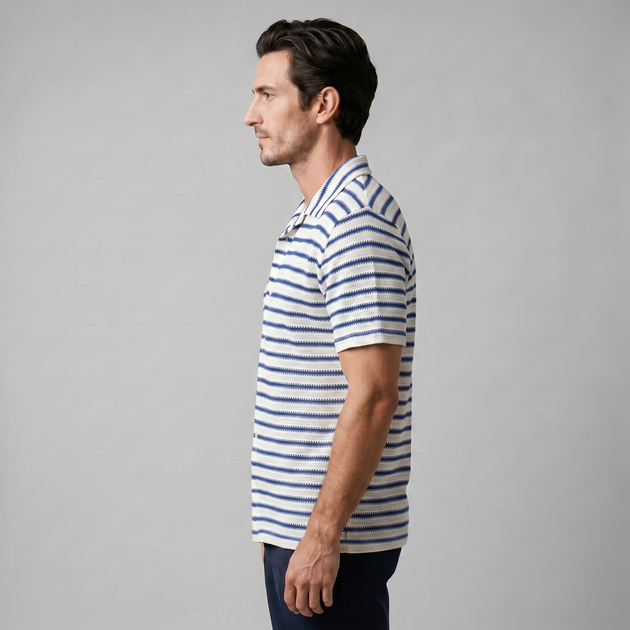 Camisa Resort Malha Aberta Risca Homem Verão Casual