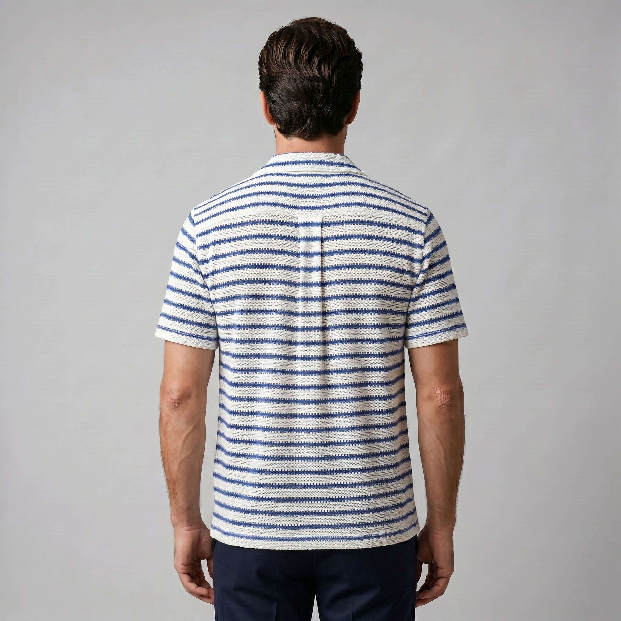 Camisa Resort Malha Aberta Risca Homem Verão Casual