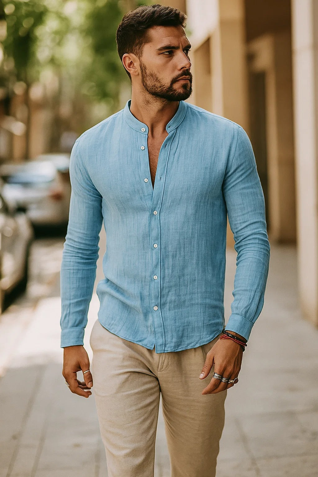 Camisas Hombre Ajuste Relajado Mangas Tres Cuartos Casual Verano