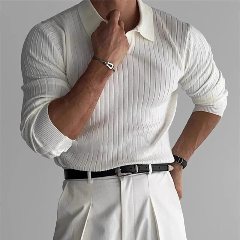 Polo para homem, mangas compridas, decote em V, slim fit, casual