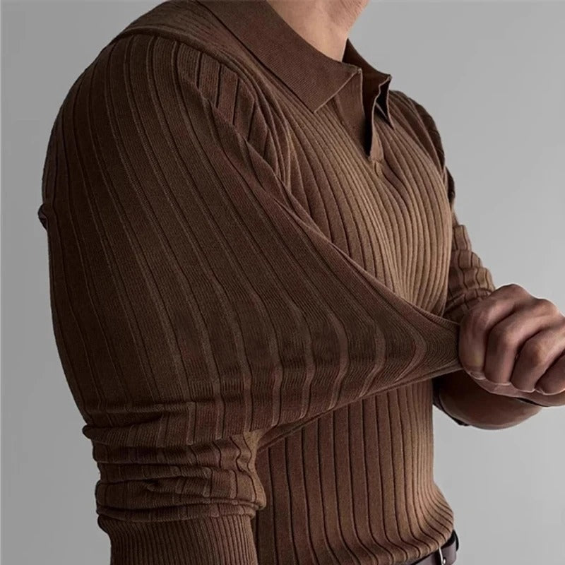 Polo para homem, mangas compridas, decote em V, slim fit, casual