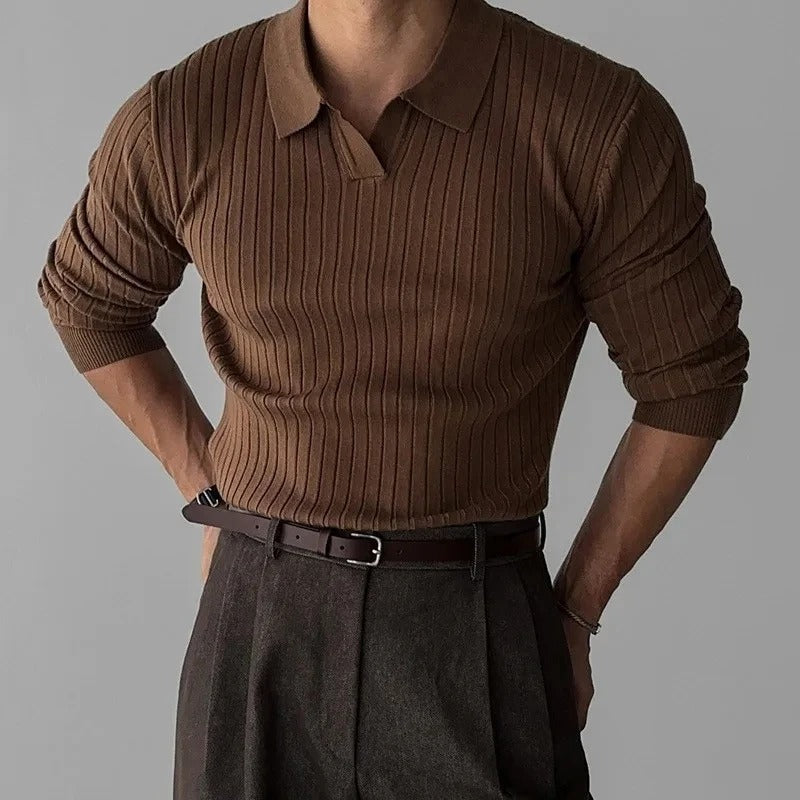Polo para homem, mangas compridas, decote em V, slim fit, casual