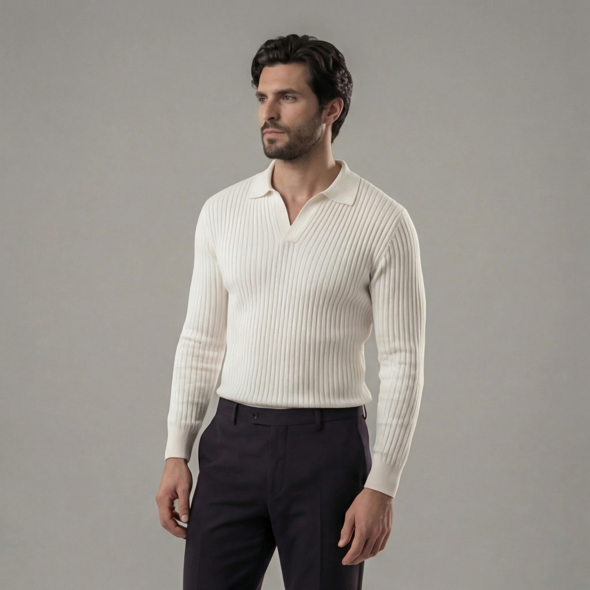 Polo Homem Manga Comprida Decote V Casual