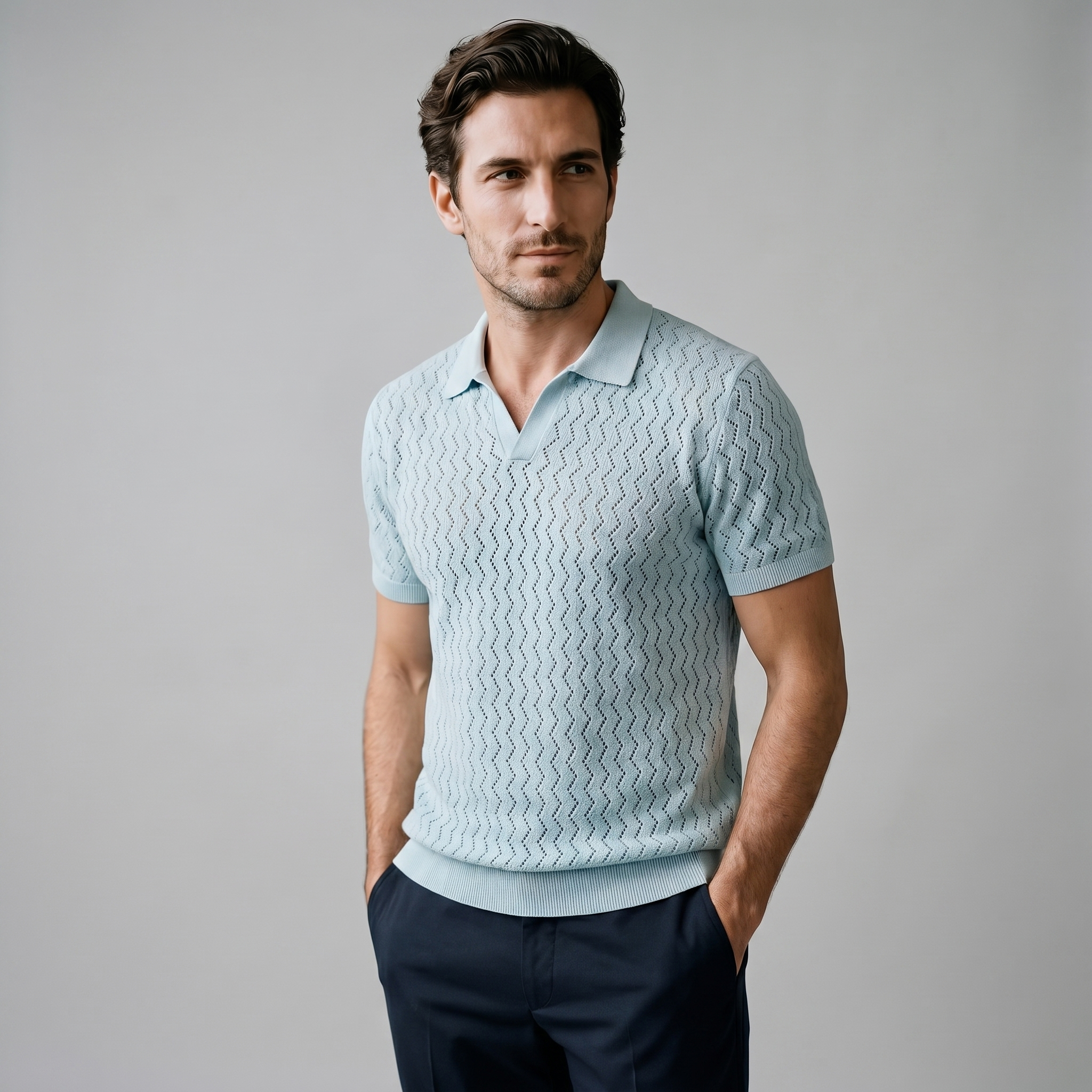 Poloshirt Herre Chevron Åben Strik Sommer Casual