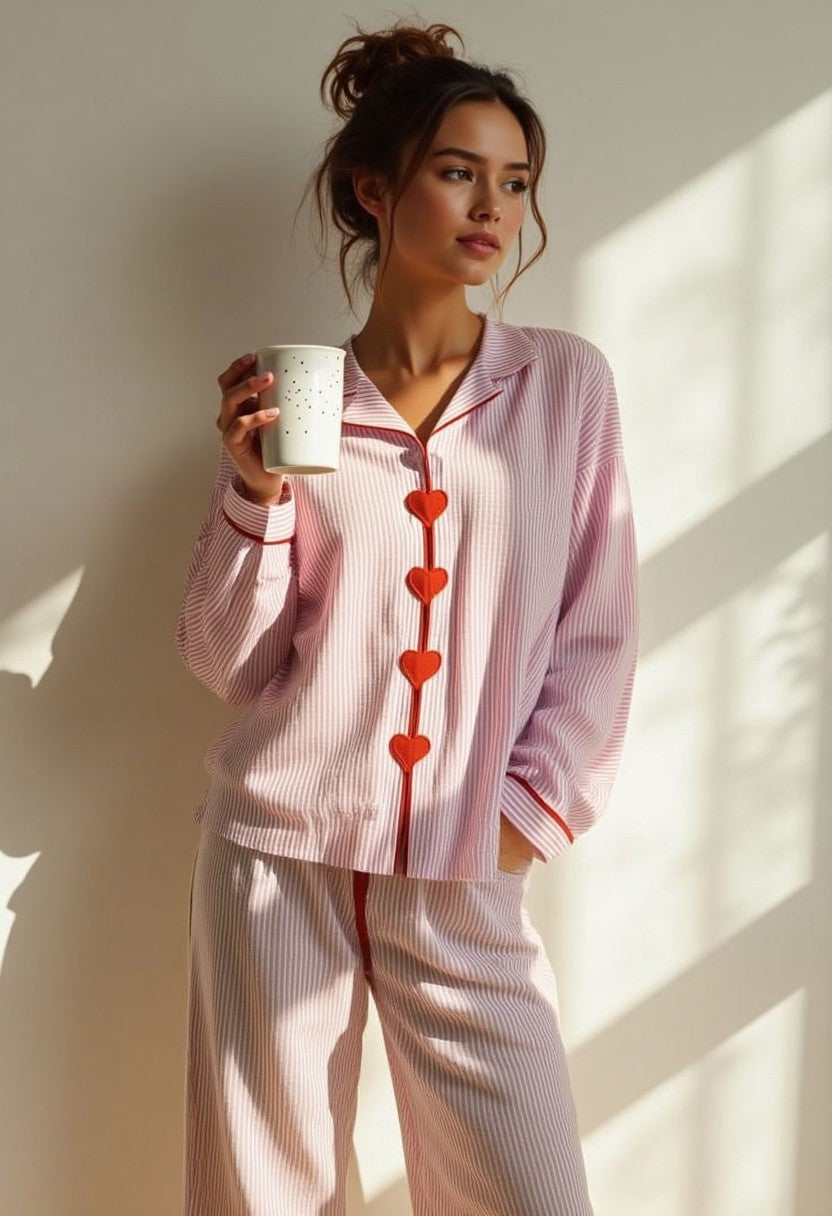 Ensemble Pyjama Femme Deux Pièces Cœurs Boutons Taille Élastique