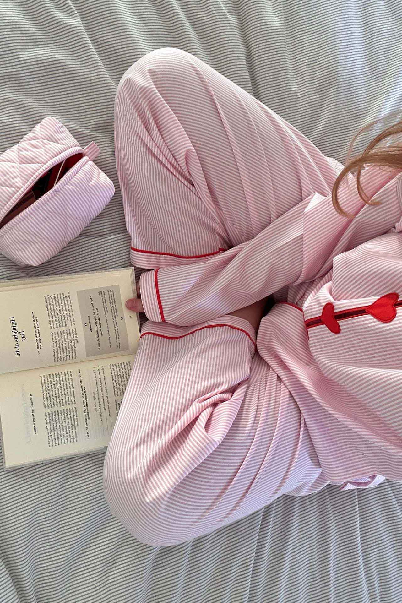 Ensemble Pyjama Femme Deux Pièces Cœurs Boutons Taille Élastique