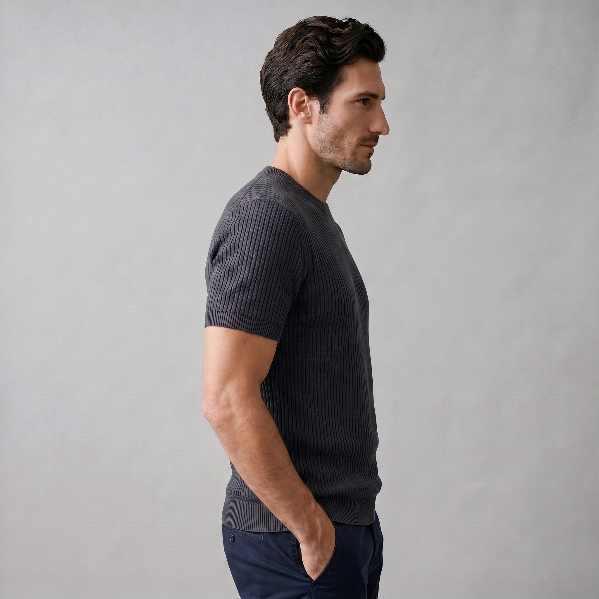 Ribbed Knit T-Shirt Heren Ronde Hals Casual