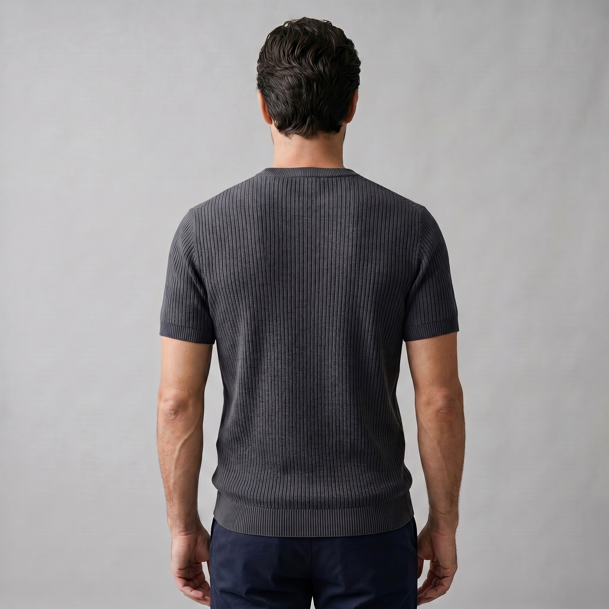 Ribbed Knit T-Shirt Heren Ronde Hals Casual