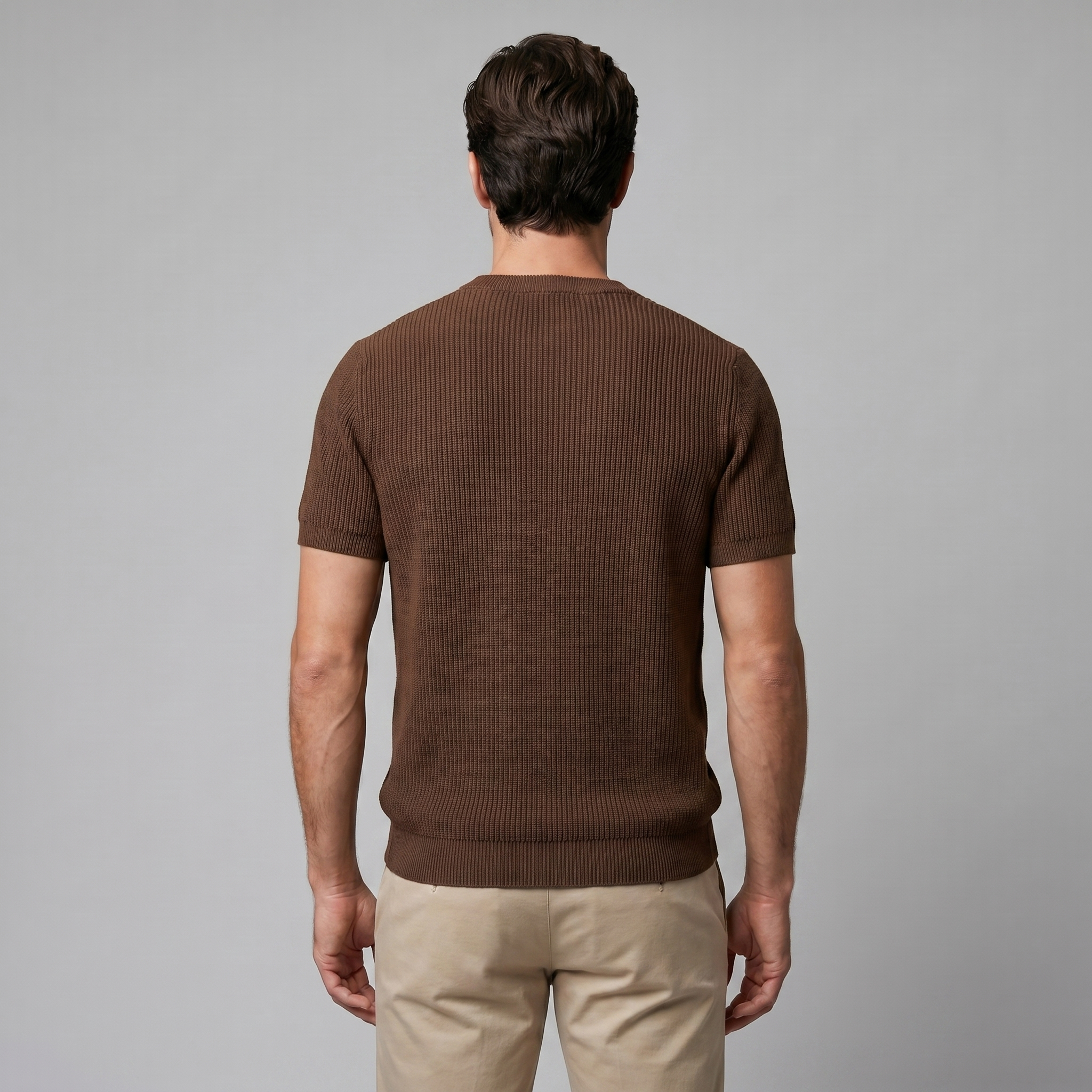 Ribbed Knit T-Shirt Heren Ronde Hals Casual