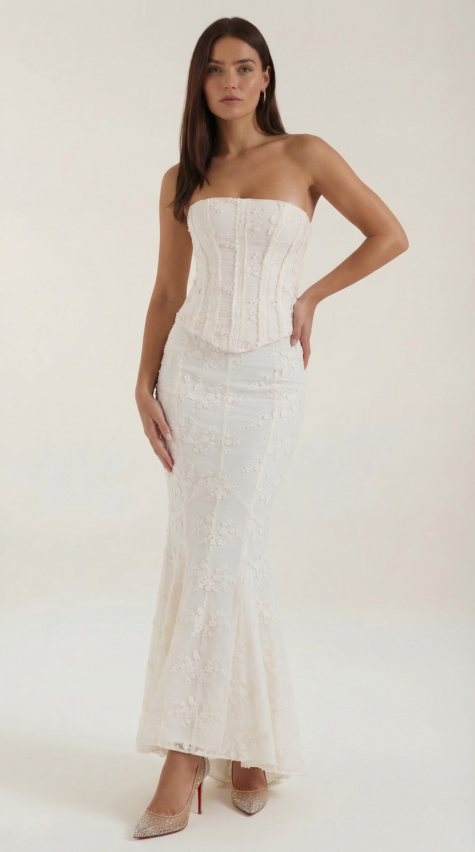 Robe maxi femme style corset dentelle silhouette sirène bustier sans bretelles
