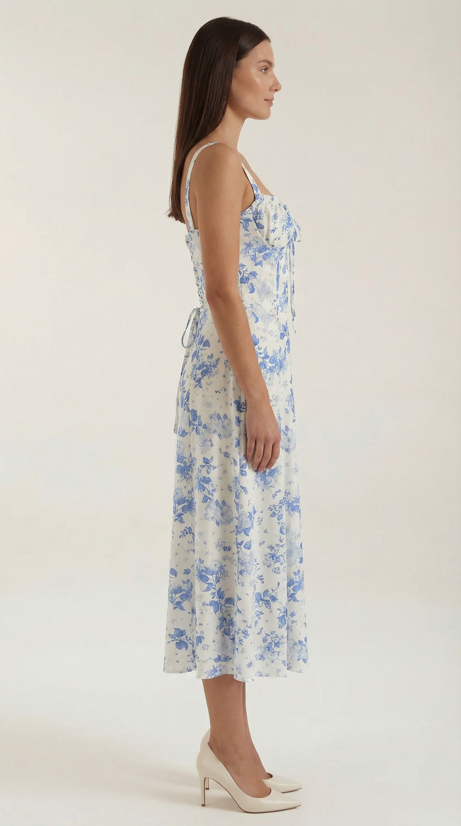 Robe midi femme ligne A vintage imprimé floral col en cœur dos réglable