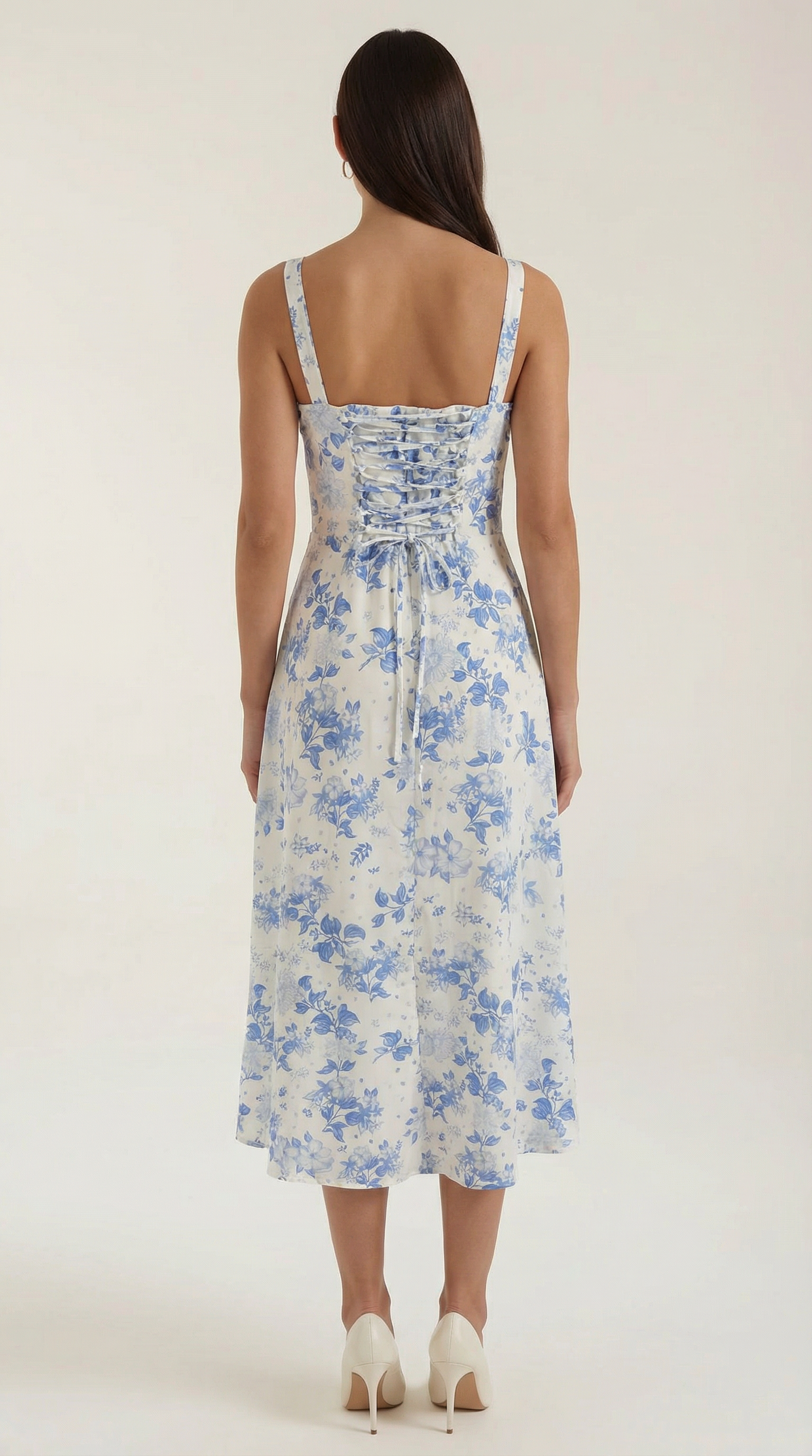 Midikleid Damen A-Linie Vintage Blumenmuster herzförmiger Ausschnitt verstellbarer Rücken