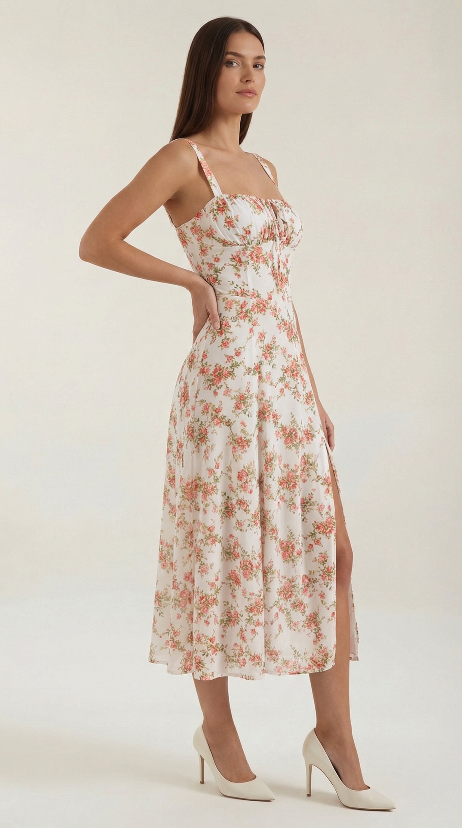 Midikleid Damen A-Linie Vintage Blumenmuster herzförmiger Ausschnitt verstellbarer Rücken