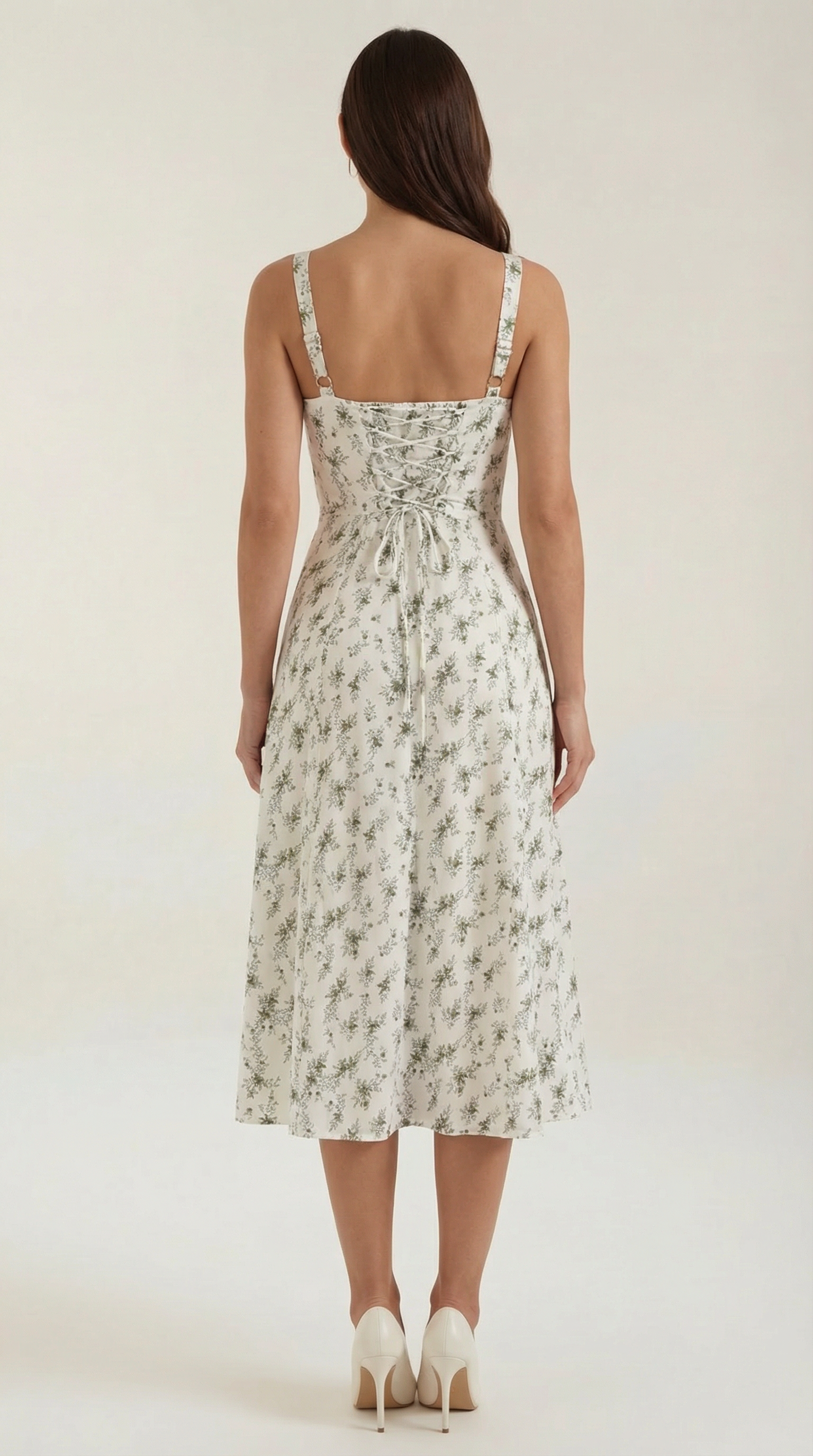 Midikleid Damen A-Linie Vintage Blumenmuster herzförmiger Ausschnitt verstellbarer Rücken
