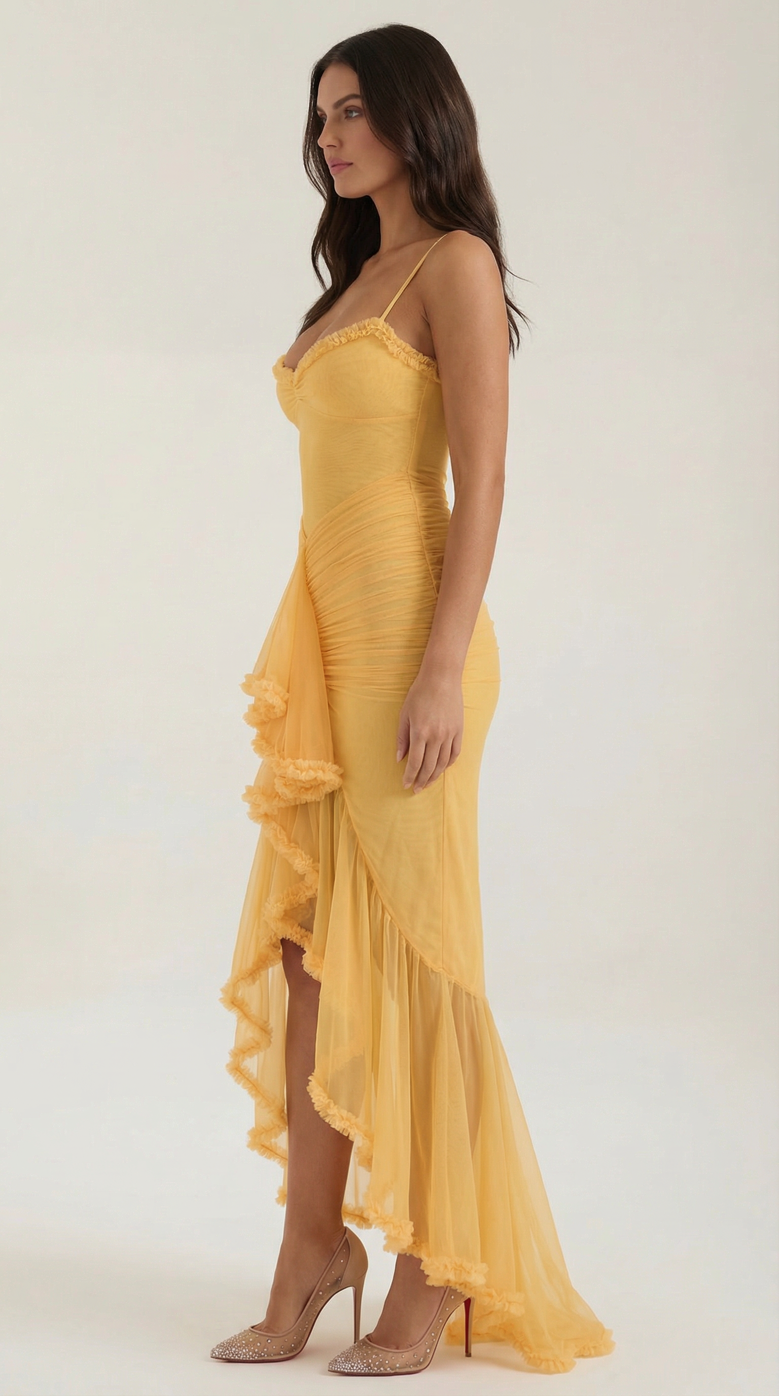 Robe maxi femme col en cœur volants ourlet asymétrique bretelles spaghetti