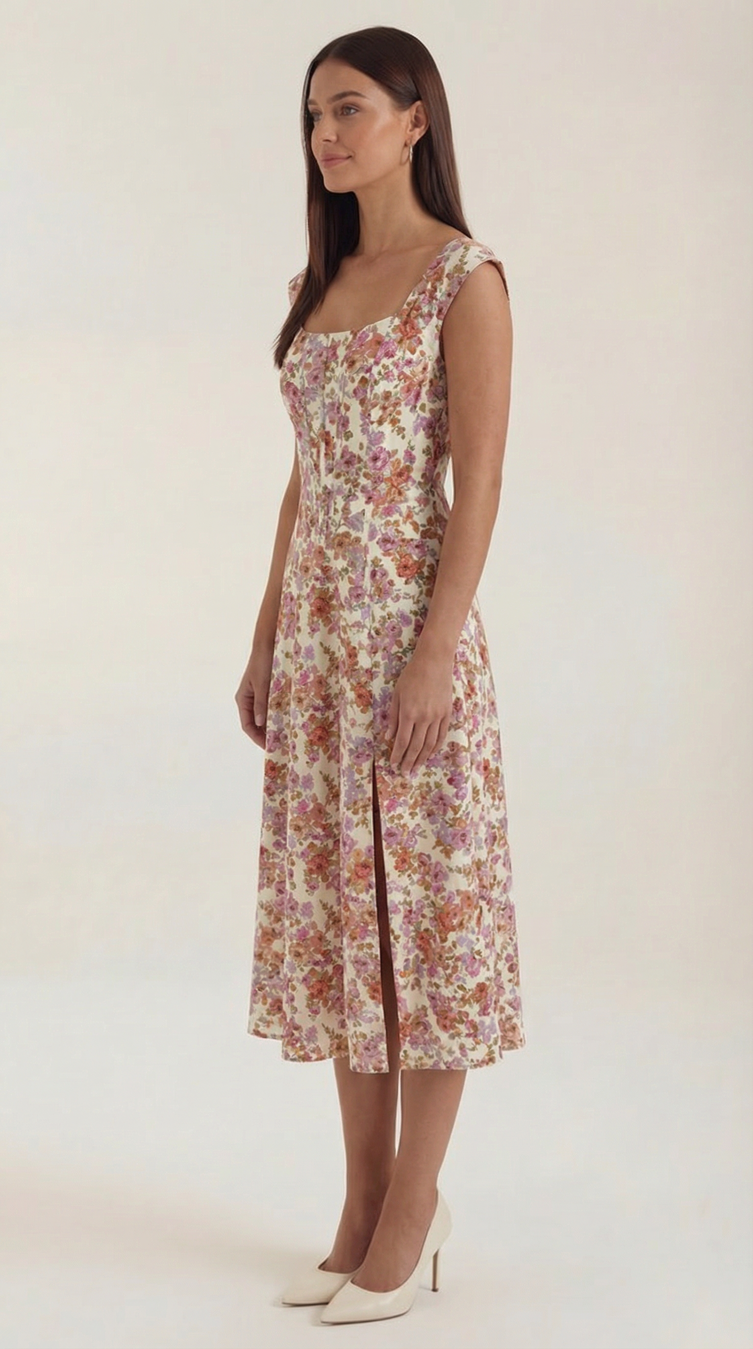 Vestido midi para mujer línea A vintage con estampado floral estilo bustier tirantes finos