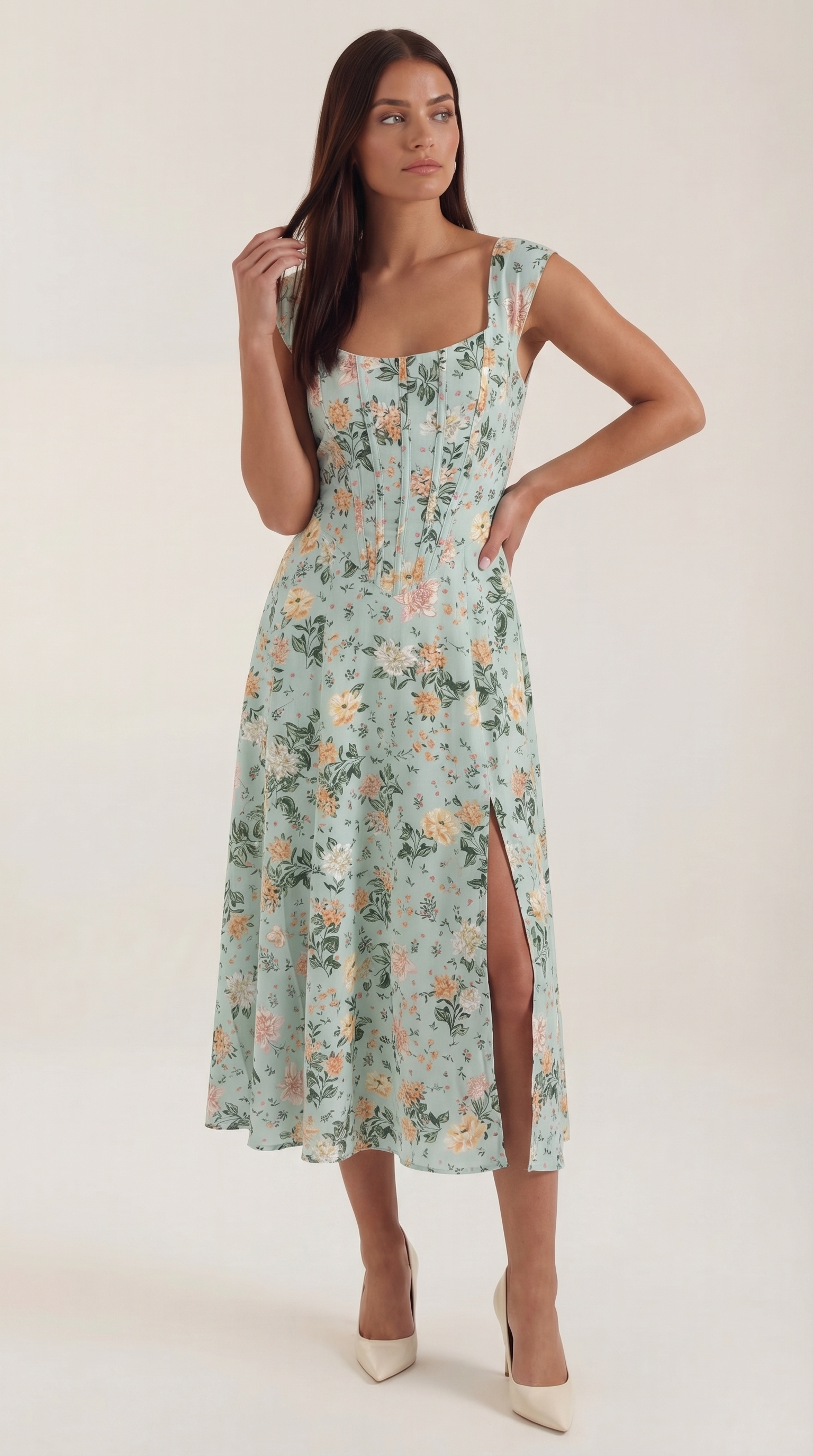 Robe midi femme ligne A vintage imprimé floral style bustier bretelles spaghetti