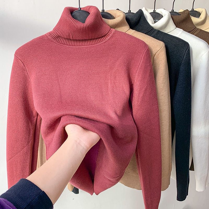Jersey de punto fino para mujer con cuello alto y ribetes elásticos
