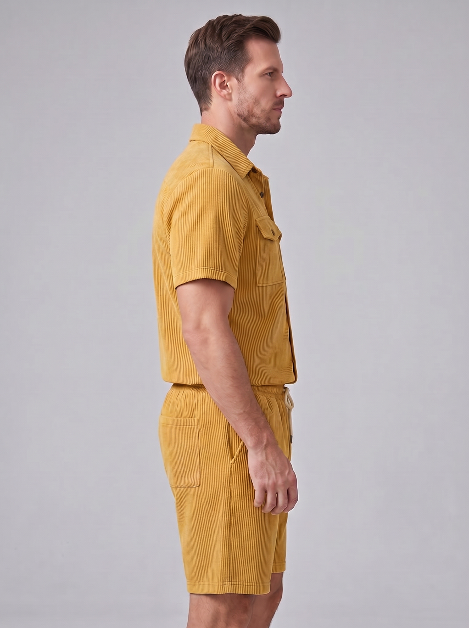 Skjorte- og shortsæt til mænd, ribstrikket med striber, afslappet stil