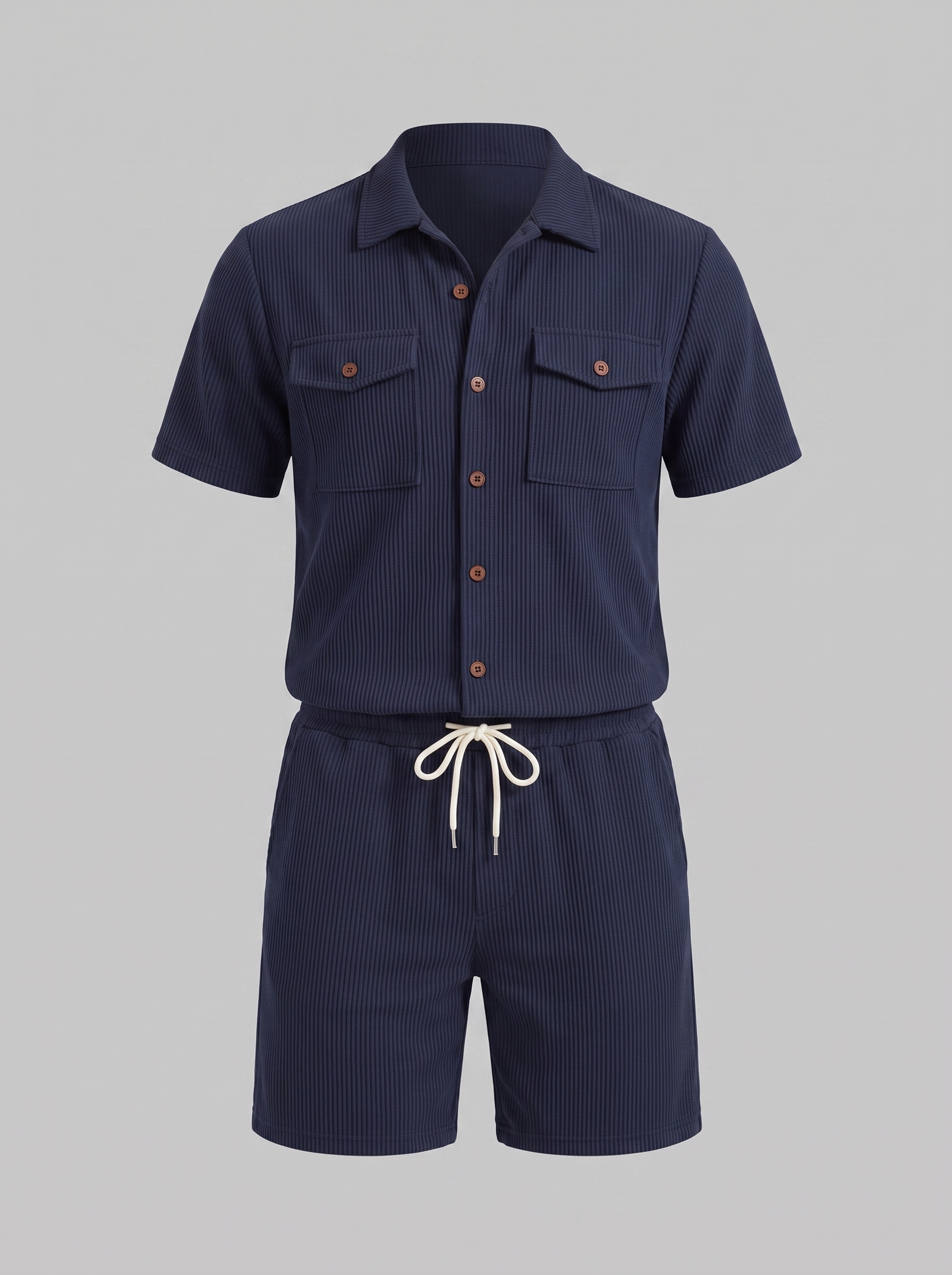 Skjorte- og shortsæt til mænd, ribstrikket med striber, afslappet stil
