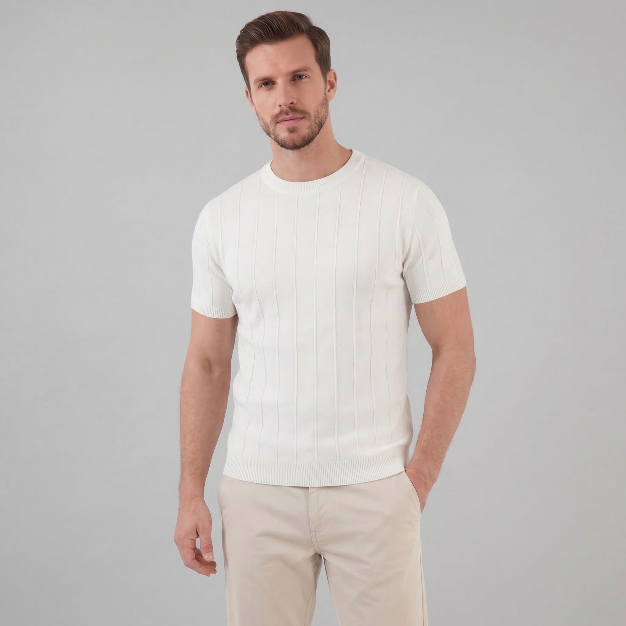 T-Shirt Homem Malha Canelada Casual Chic Manga Comprida