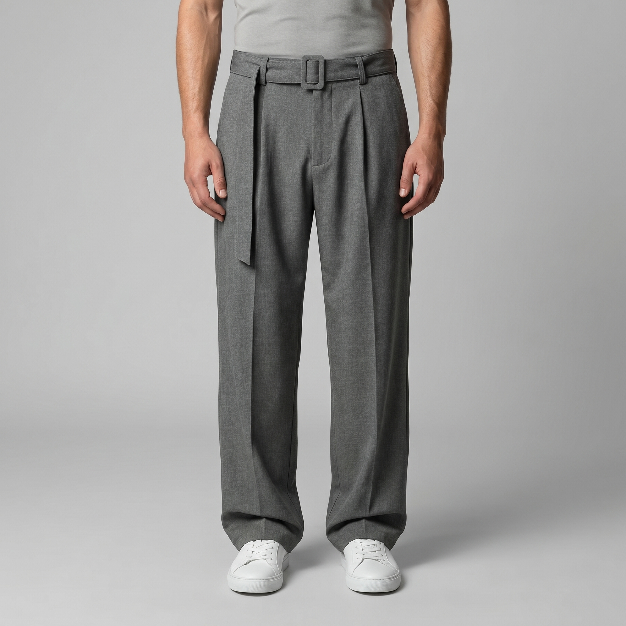 Tailored Trousers Men Wide Leg Belted Elastic Waist