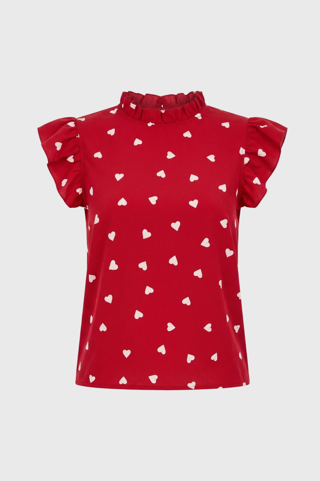 Top Women Heart Print Ruffle Sleeves High Neck Casual