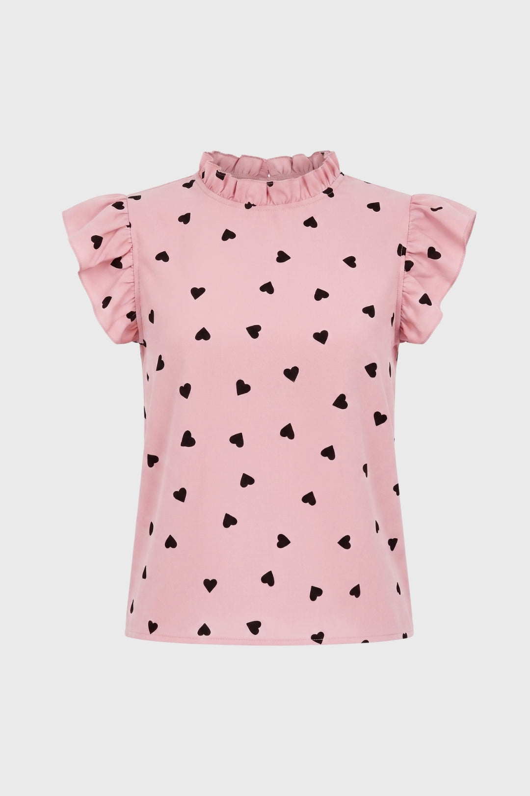 Top Women Heart Print Ruffle Sleeves High Neck Casual