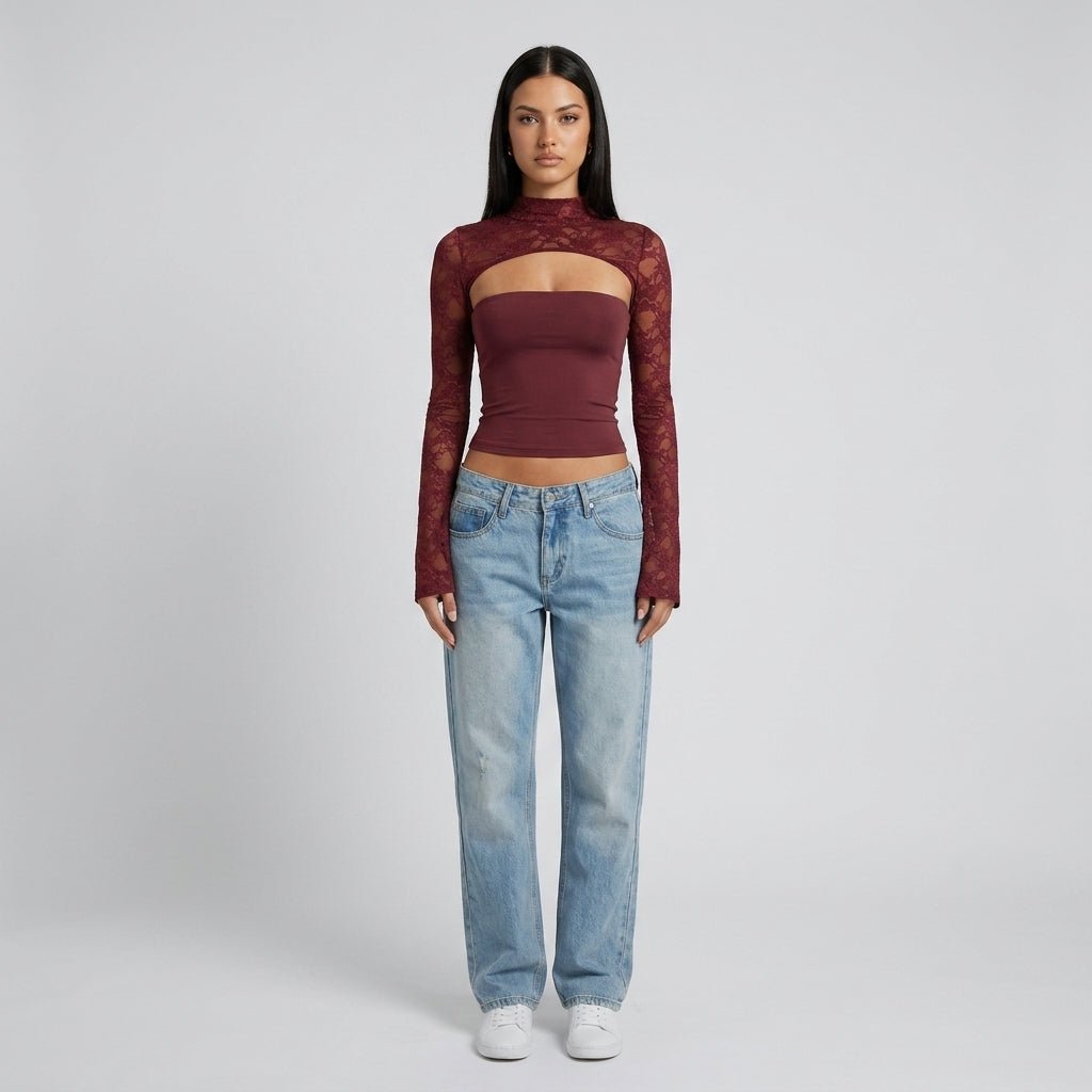 Top Dame Blonde Cutout Mock Neck Flare Ærmer