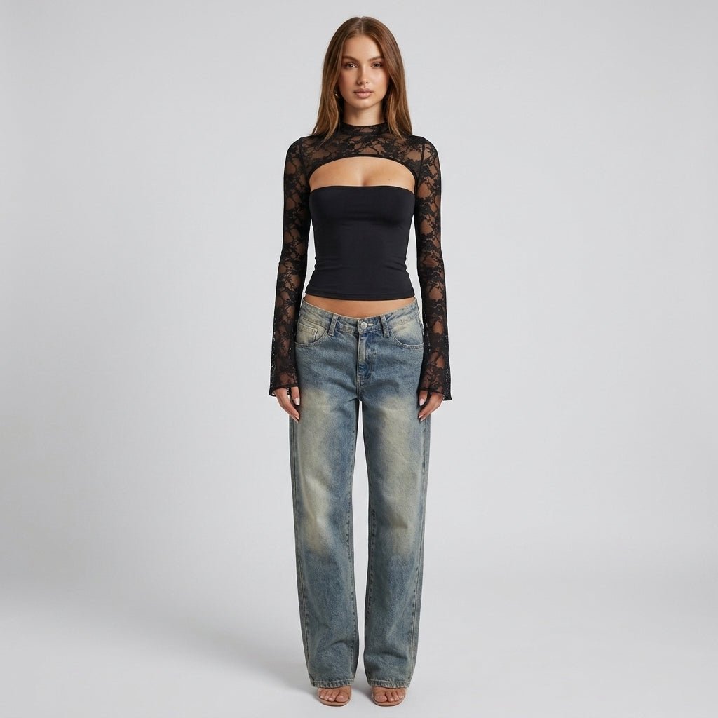 Top Dame Blonde Cutout Mock Neck Flare Ærmer