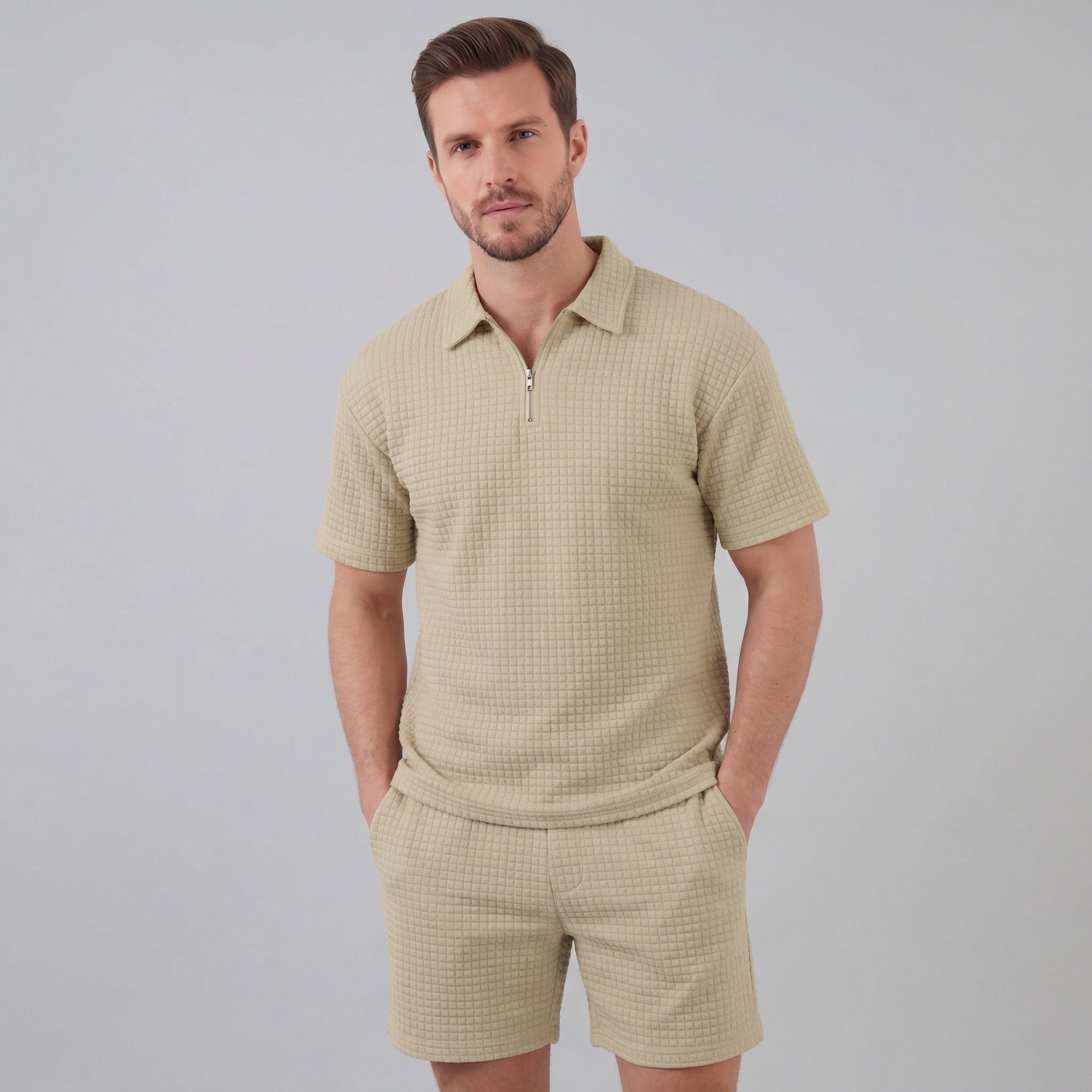 Waffle strikket sæt til mænd sommer casual halv-zip polo