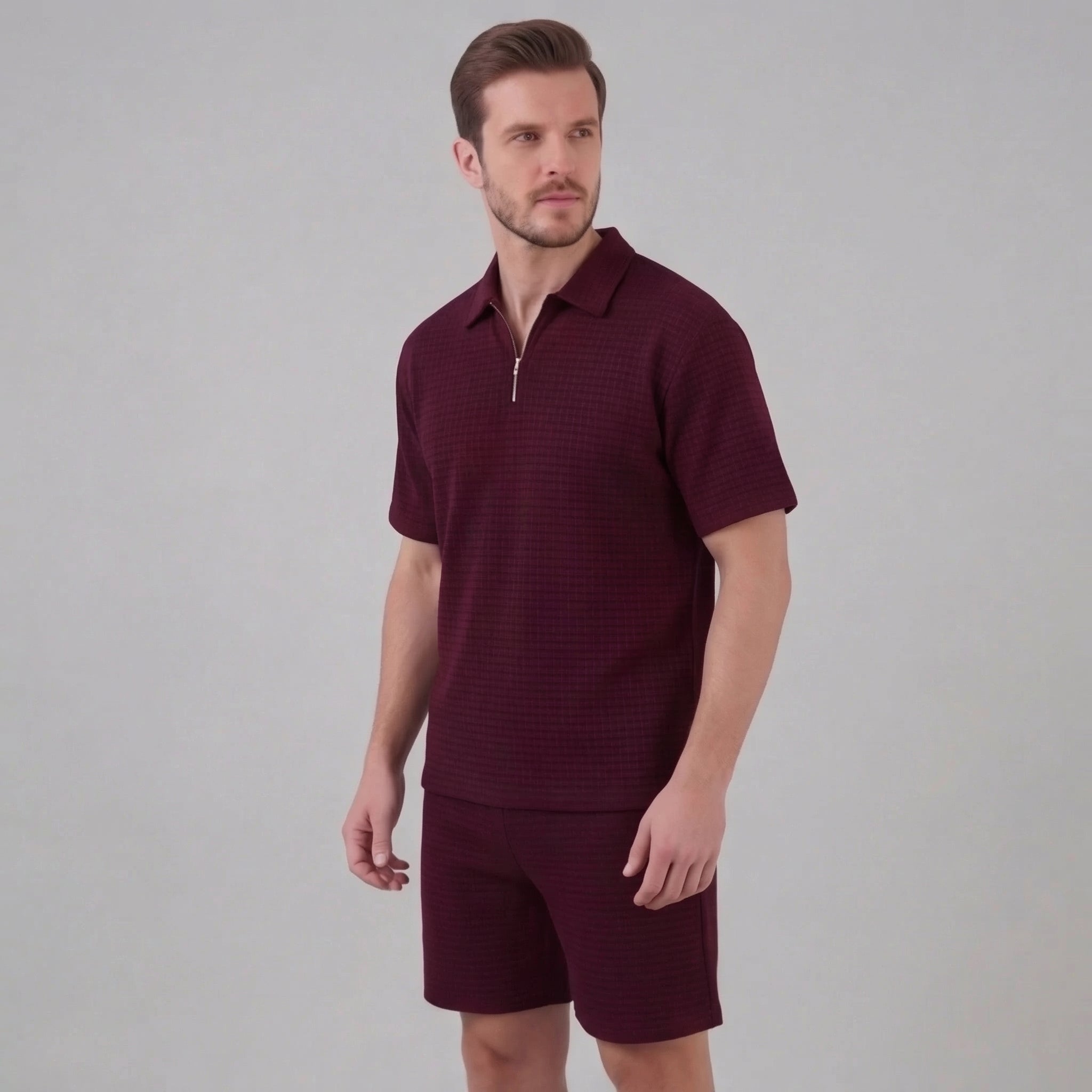 Waffle strikket sæt til mænd sommer casual halv-zip polo