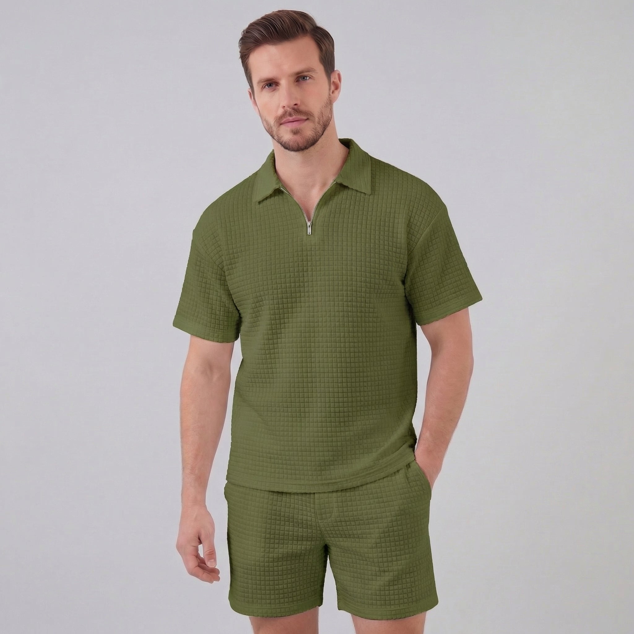 Waffle strikket sæt til mænd sommer casual halv-zip polo