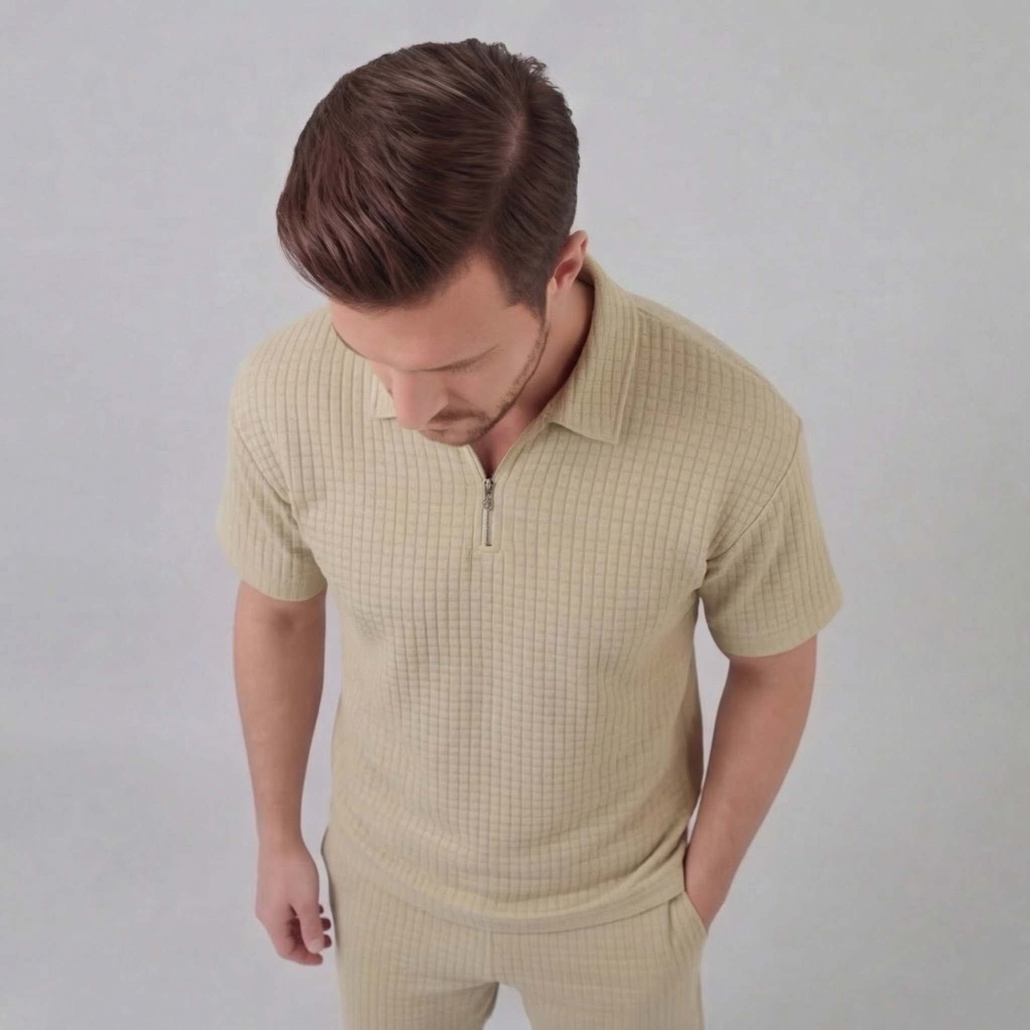 Waffle strikket sæt til mænd sommer casual halv-zip polo