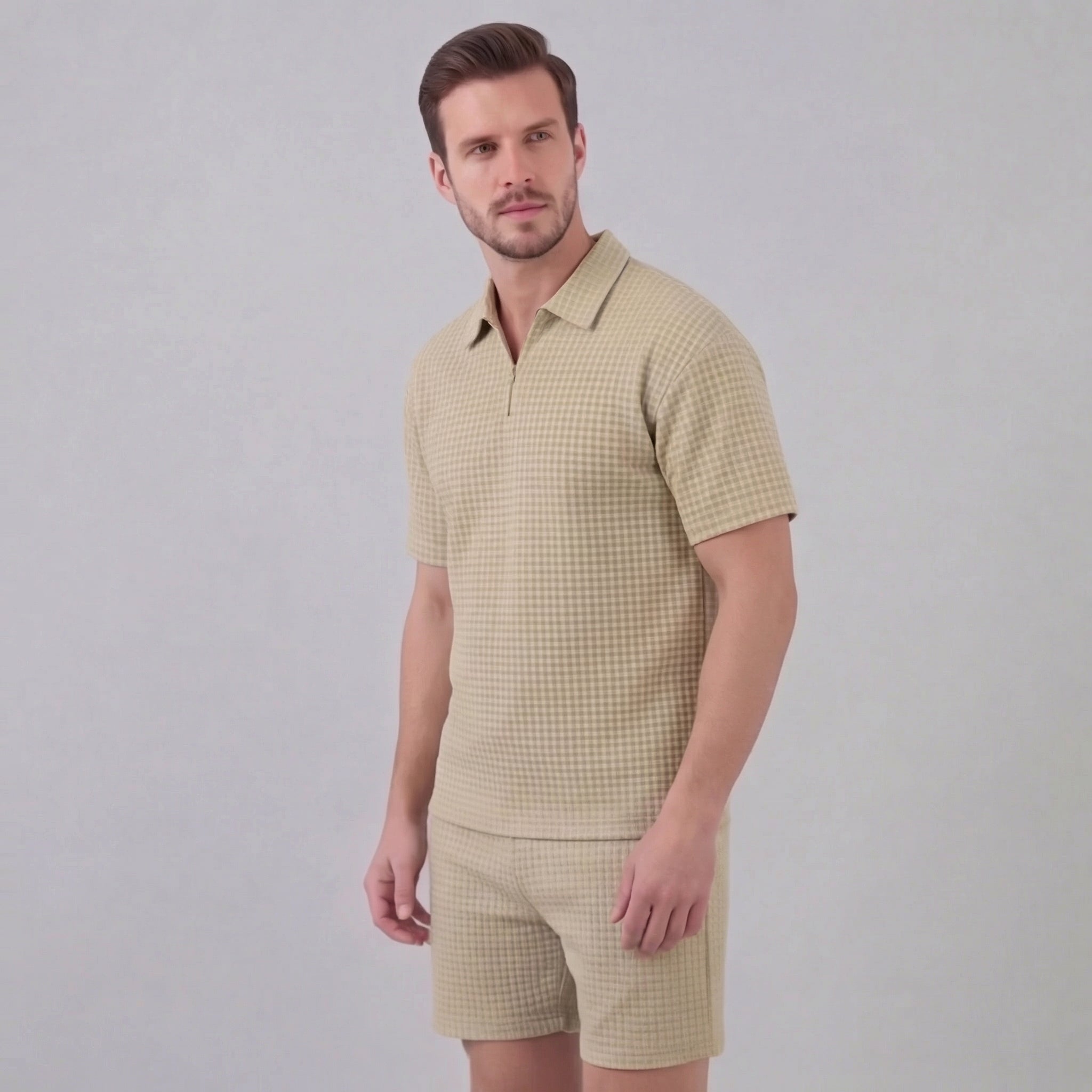 Waffle strikket sæt til mænd sommer casual halv-zip polo